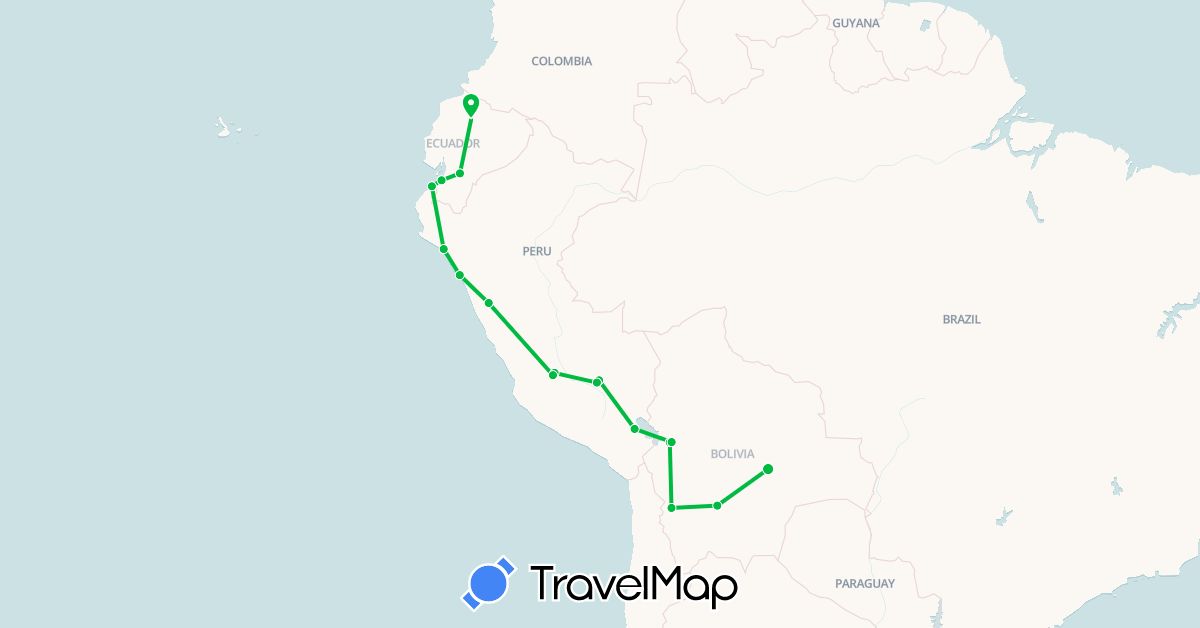 TravelMap itinerary: bus in Bolivia, Ecuador, Peru (South America)